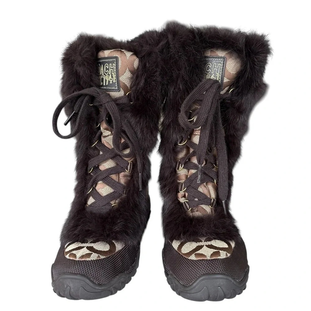 COACH Jennie Signature Quilted Monogram Print Winter Boot Rabbit Fur Trim Size 6